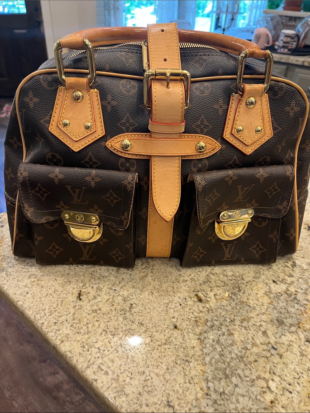 Louis Vuitton Monogram Manhattan GM Bag with Tan Leather Trim and Gold Hardware